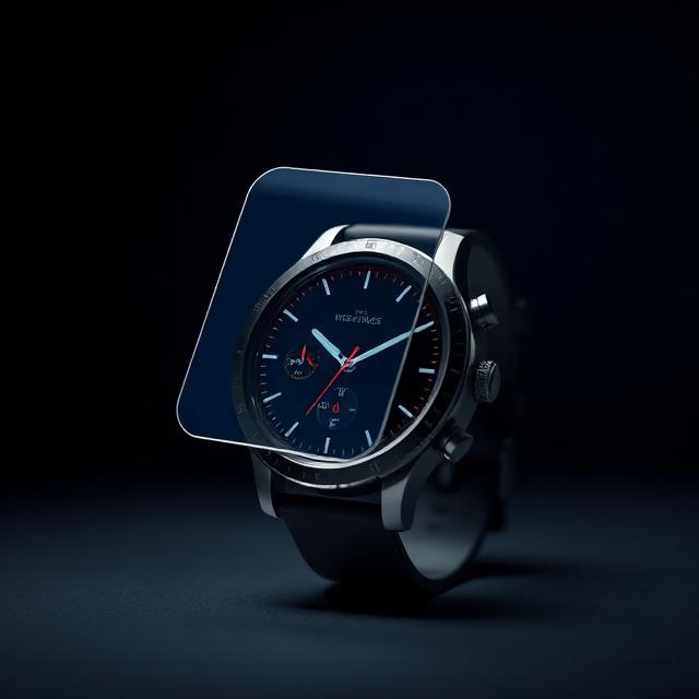 Smartwatch screen protector glass displayed against a gradient purple background, providing protective coating for wearable device displays